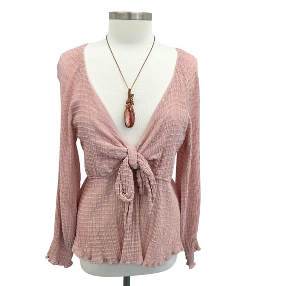 Womens Tie Front Peplum Blouse 2XL Pink Textured Long Sleeve V-Neck Feminine - Picture 1 of 10